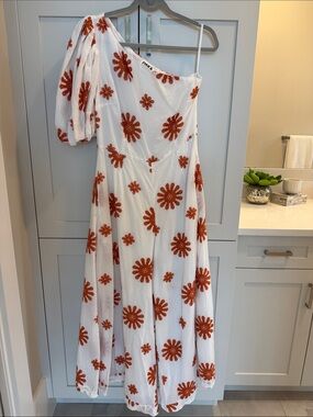 OSKA RARE White One-Shoulder Maxi Pantsuit with Rust Floral Appliqué